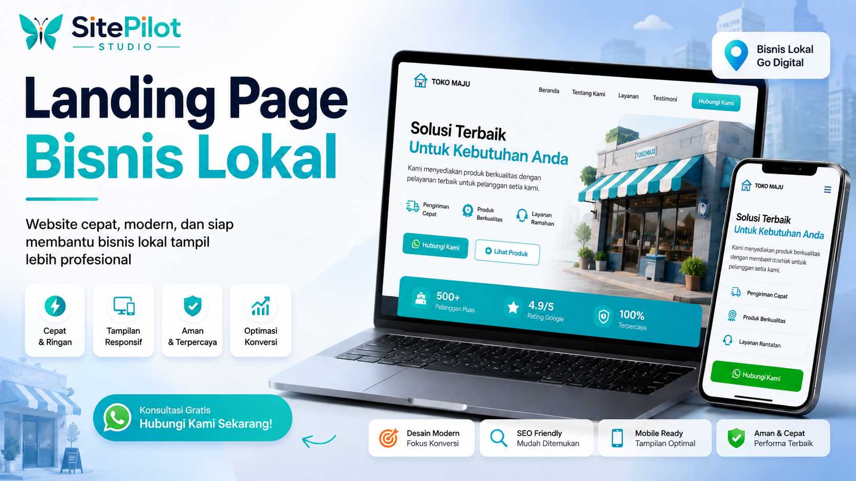 Mockup landing page bisnis lokal oleh SitePilot Studio