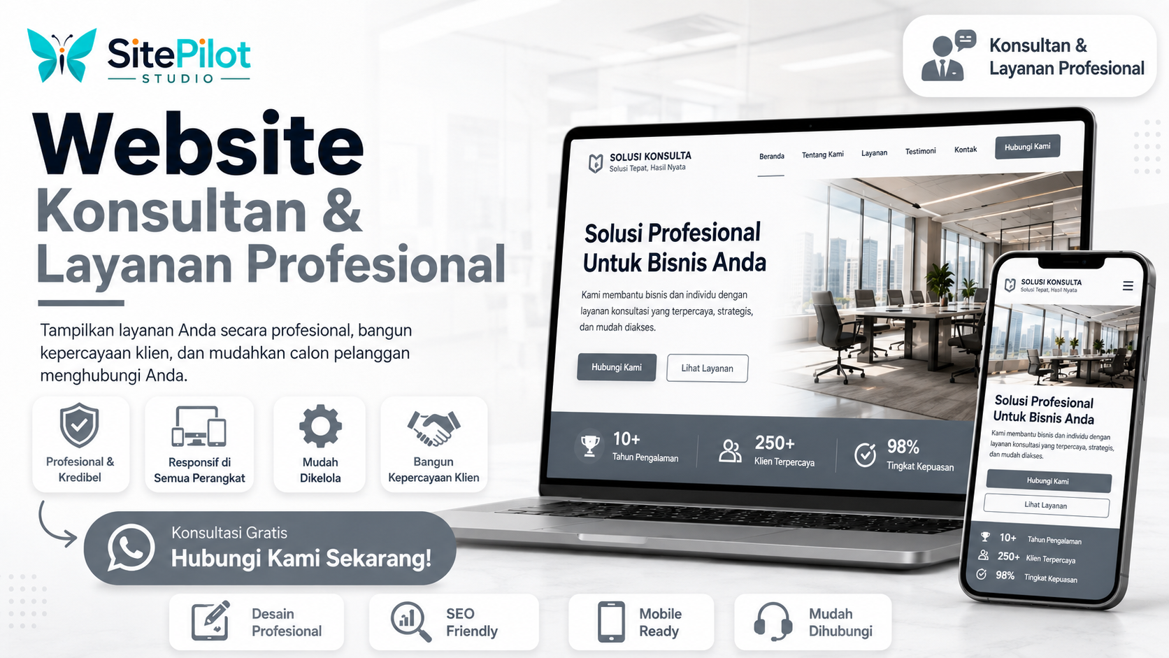 Mockup landing page konsultan dan layanan profesional oleh SitePilot Studio
